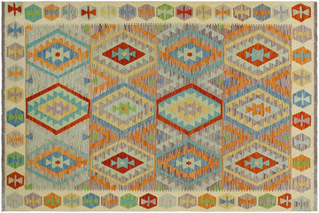 Flat Weave Kilim, Antique, Navaho, Vintage, Handmade, Geometric Kilim Purple Beige Hand-Woven Rectangle 100% Wool Area Rug 5 x 6